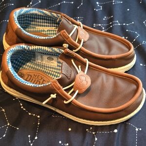 Hey Dude Men’s Brown Slip-On Boat Shoes with Blue Patterned Lining